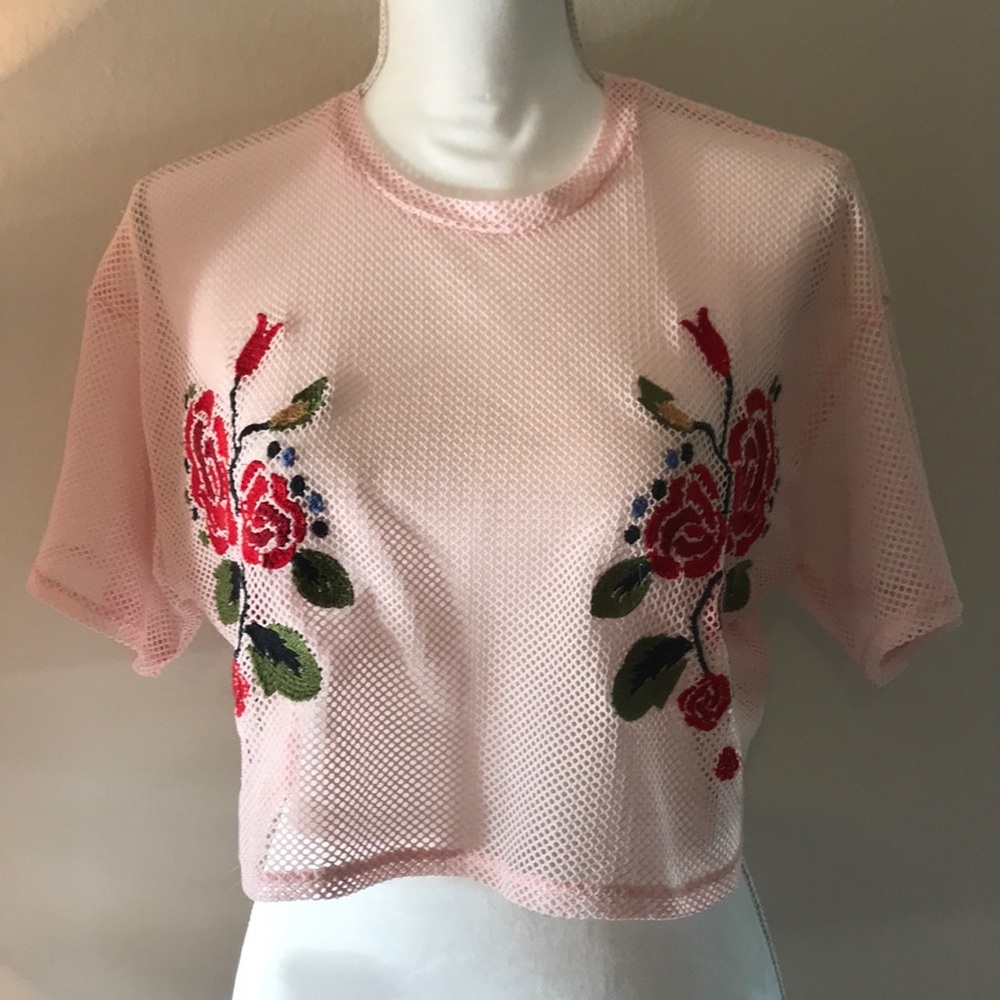 Pink Floral Embroidered Mesh Top without Bra Sz Sm